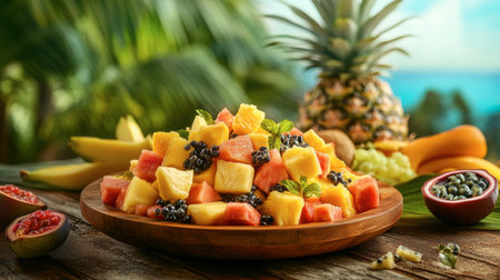 A beautifully arranged fruit salad on a wooden table, featuring an assortment of tropical fruits such as pineapple, papaya, and passion fruit, with a tropical backdrop.の素材