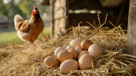 A beautifully arranged farm-to-table scene with freshly laid eggs, surrounded by straw, with a hen wandering in the background, emphasizing the farm's bounty.の素材