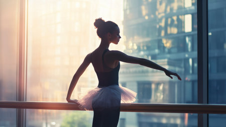 A ballerina practicing at a ballet barre, her posture poised and focused, with natural light streaming in from the studio windows.の素材