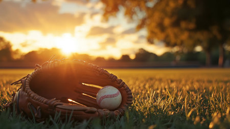 A baseball glove and ball on a diamond, with the sun setting in the background, casting a warm glow over the field and evoking a classic game scene.の素材