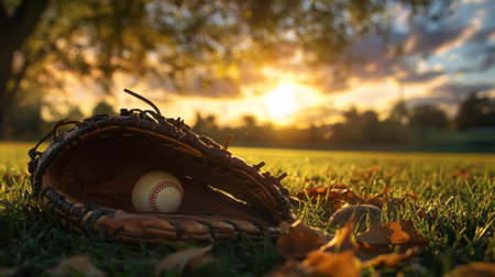 A baseball glove and ball on a diamond, with the sun setting in the background, casting a warm glow over the field and evoking a classic game scene.の素材