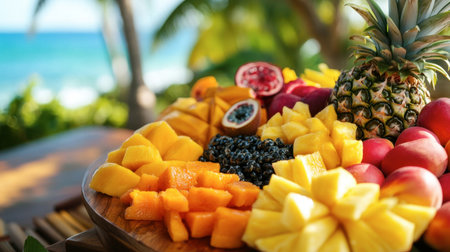 A beautifully arranged fruit salad on a wooden table, featuring an assortment of tropical fruits such as pineapple, papaya, and passion fruit, with a tropical backdrop.の素材