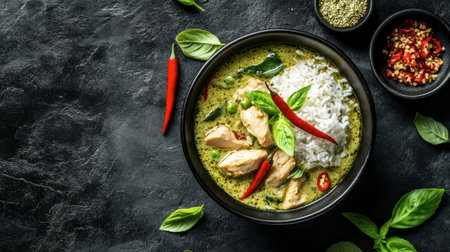 A bowl of creamy, spicy Thai green curry with chicken, served with jasmine rice, fresh basil, and chili peppers, set against a dark, moody backdrop.の素材