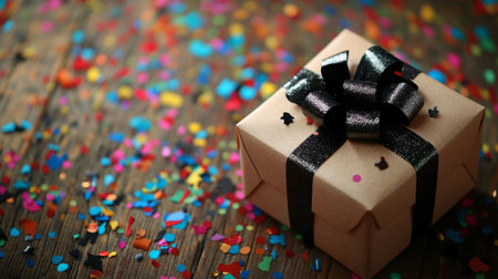 A beautifully wrapped gift box with a shiny ribbon on a wooden table, surrounded by scattered confetti, ready for a special occasion.の素材