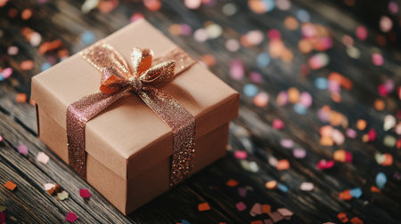 A beautifully wrapped gift box with a shiny ribbon on a wooden table, surrounded by scattered confetti, ready for a special occasion.の素材