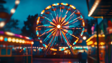 A brightly lit Ferris wheel at night, with colorful lights reflecting off the surrounding fairground, creating a festive and vibrant atmosphere.の素材