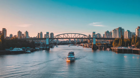 A bridge spanning a wide river with boats passing underneath, captured during the day with clear skies and the city skyline in the background.の素材