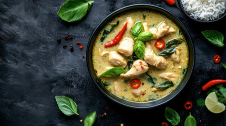 A bowl of creamy, spicy Thai green curry with chicken, served with jasmine rice, fresh basil, and chili peppers, set against a dark, moody backdrop.の素材