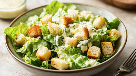 A bowl of classic Caesar salad with crisp romaine lettuce, croutons, parmesan cheese, and a creamy Caesar dressing, served with a fork on a clean, modern plate.の素材