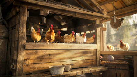 A chicken coop with hens roosting inside, with a focus on the detailed wooden structure and the hens' activity as they prepare for the day.の素材