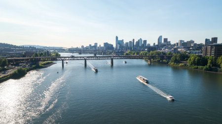 A bridge spanning a wide river with boats passing underneath, captured during the day with clear skies and the city skyline in the background.の素材