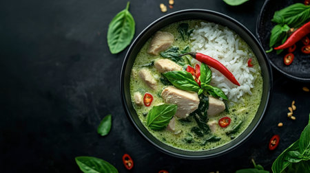 A bowl of creamy, spicy Thai green curry with chicken, served with jasmine rice, fresh basil, and chili peppers, set against a dark, moody backdrop.の素材