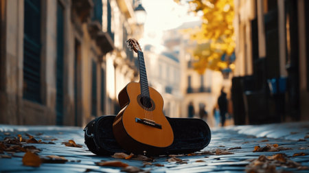 A classical guitarist performing on a quiet street, with an open guitar case for tips and a peaceful cityscape in the background.の素材