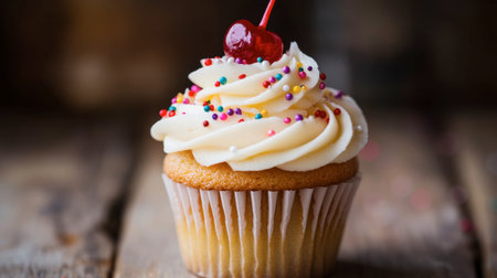 A close-up of a beautifully decorated cupcake with swirls of frosting, sprinkles, and a cherry on top, set against a rustic wooden table.の素材