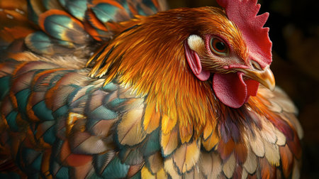 A close-up of a chicken's vibrant feathers, highlighting the intricate patterns and rich colors, with soft natural lighting to emphasize the textures.の素材
