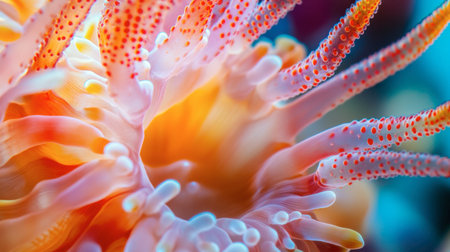 A close-up of a colorful sea anemone with its tentacles extended, capturing the delicate movements and vivid colors of this fascinating underwater creature.の素材
