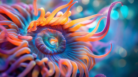 A close-up of a colorful sea anemone with its tentacles extended, capturing the delicate movements and vivid colors of this fascinating underwater creature.の素材