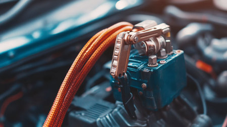 A close-up of a car battery with jumper cables attached, ready to jumpstart a vehicle, symbolizing roadside assistance.の素材