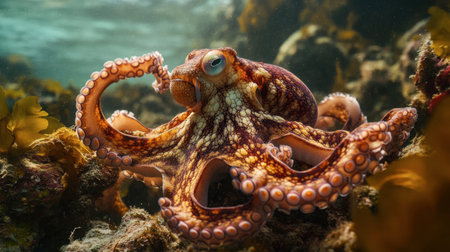A close-up of a curious octopus camouflaged against the rocky seabed, with its tentacles stretched out and intricate patterns blending into the surroundings.の素材