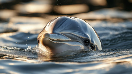 A close-up of a dolphin face, its mouth slightly open, showing its friendly and curious expression in the water.の素材
