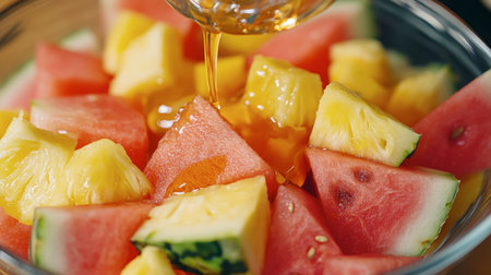 A close-up of a fresh fruit salad served in a clear glass bowl, showcasing slices of watermelon, pineapple, and orange with a drizzle of honey.の素材