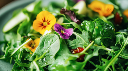 A close-up of a fresh green salad with baby spinach, arugula, and edible flowers, dressed with a light balsamic vinaigrette, highlighting the salad delicate ingredients.の素材