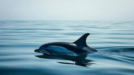 A close-up of a dolphin dorsal fin cutting through the calm sea, with the vast horizon in the background, symbolizing freedom.の素材