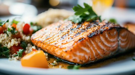 A close-up of a salmon steak on a plate, seasoned and grilled to perfection, with a garnish of fresh herbs and a side of quinoa salad, highlighting the meal's appeal.の素材