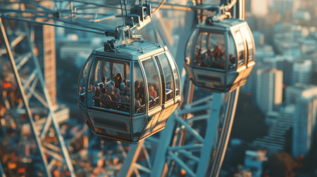 A close-up of a Ferris wheel's gondolas, capturing the view from above as people enjoy the ride, with a bustling cityscape in the background.の素材