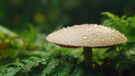 A close-up of a mushroom cap glistening with morning dew, set against a backdrop of ferns and greenery in a serene woodland scene.の素材