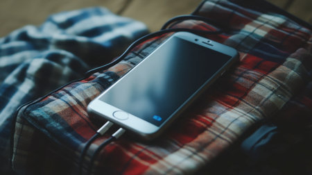 A close-up of a portable power bank connected to a smartphone, charging on the go, representing travel convenience.の素材