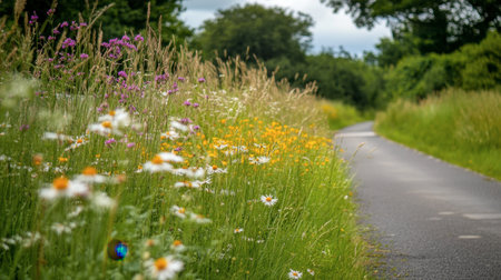 A close-up of a rural road lined with wildflowers and tall grasses, creating a picturesque path that invites exploration through the lush countryside.の素材