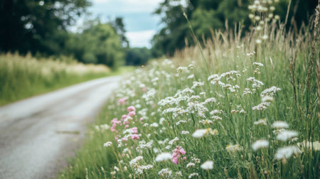A close-up of a rural road lined with wildflowers and tall grasses, creating a picturesque path that invites exploration through the lush countryside.の素材