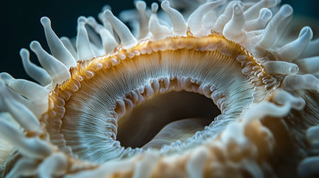 A close-up of a sea anemone mouth and central column, showing the fine details and textures of the marine creature in its natural habitat.の素材