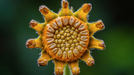 A close-up of a single sunflower head, showing the intricate pattern of seeds at its center, surrounded by golden yellow petals against a blurred green background.の素材