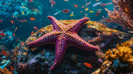 A close-up of a vibrant starfish resting on a rock underwater, surrounded by tiny fish and colorful coral, illustrating the beauty of marine ecosystems.の素材