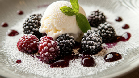 A close-up of mulberries on a dessert plate, topped with a sprinkle of powdered sugar and paired with a scoop of vanilla ice cream, for a delectable and inviting treat.の素材