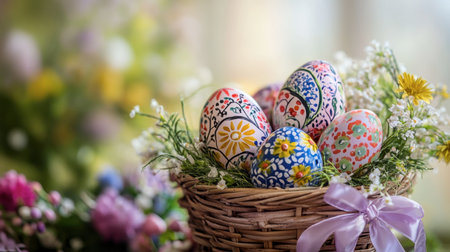 A close-up of hand-painted Easter eggs nestled in a decorative basket with spring flowers and pastel ribbons, evoking the spirit of the season.の素材