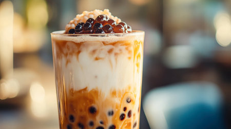 A close-up of a tall glass of iced milk tea, with condensation on the outside, a layer of creamy milk, and a generous scoop of boba pearls, on a bright, sunny day.の素材