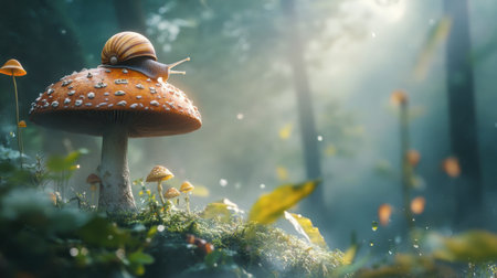 A close-up of a snail perched on a mushroom in a misty forest, creating a magical and serene scene as the snail moves slowly in a tranquil setting.の素材