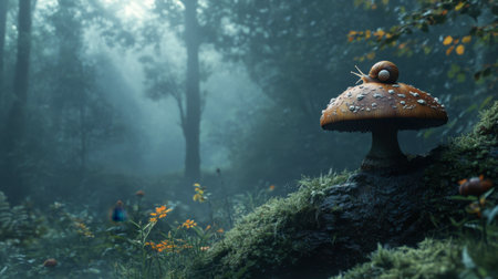 A close-up of a snail perched on a mushroom in a misty forest, creating a magical and serene scene as the snail moves slowly in a tranquil setting.の素材
