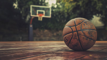 A close-up of a well-used basketball resting on a wooden court, with the hoop and backboard in the background, capturing the essence of the game.の素材