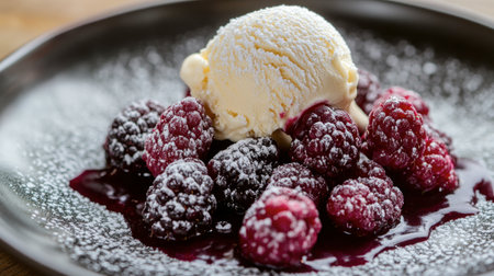 A close-up of mulberries on a dessert plate, topped with a sprinkle of powdered sugar and paired with a scoop of vanilla ice cream, for a delectable and inviting treat.の素材