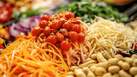 A close-up of Tum (Thai papaya salad), featuring shredded green papaya, cherry tomatoes, peanuts, and chilies, with vibrant ingredients on display.の素材