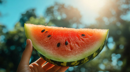 A close-up of a watermelon slice held up to the sky, with sunlight shining through its red flesh and casting a summery glow on a bright day.の素材