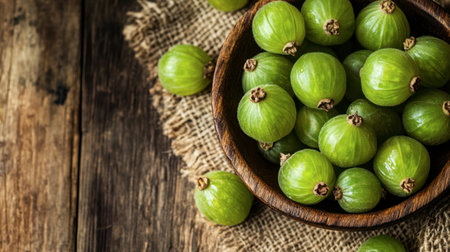 A close-up of fresh Indian gooseberries on a rustic wooden table, showcasing their green, wrinkled skin and unique texture with a natural and organic backdrop.の素材