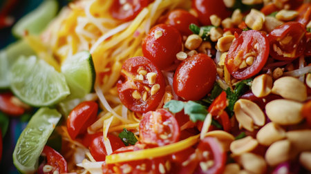 A close-up of Tum (Thai papaya salad), featuring shredded green papaya, cherry tomatoes, peanuts, and chilies, with vibrant ingredients on display.の素材