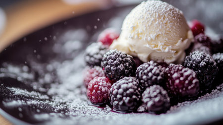 A close-up of mulberries on a dessert plate, topped with a sprinkle of powdered sugar and paired with a scoop of vanilla ice cream, for a delectable and inviting treat.の素材