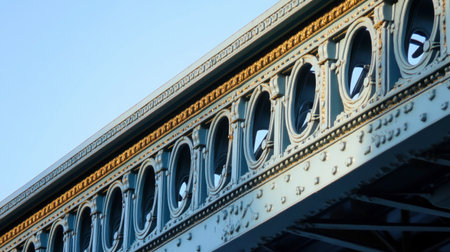 A close-up of the intricate details of a classic iron bridge, with its ornate design and sturdy structure highlighted against a clear blue sky.の素材