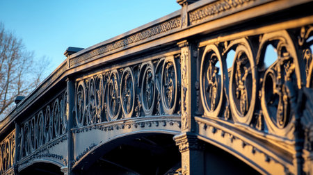 A close-up of the intricate details of a classic iron bridge, with its ornate design and sturdy structure highlighted against a clear blue sky.の素材